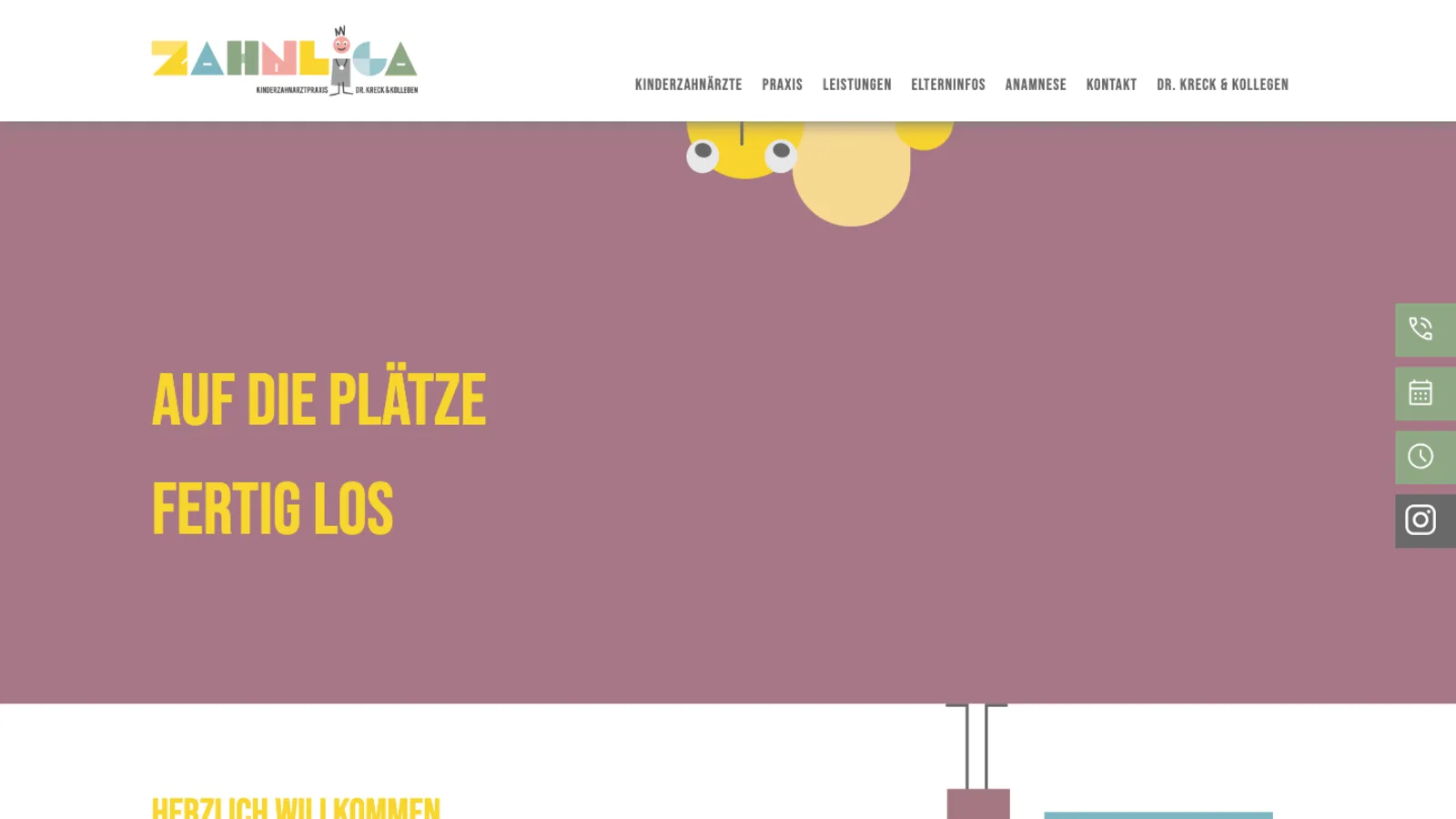 Startseite der Kinderzahnarztpraxis ZAHNLIGA in Seligenstadt mit Illustration statt Foto und der Headline Auf die Plätze fertig los