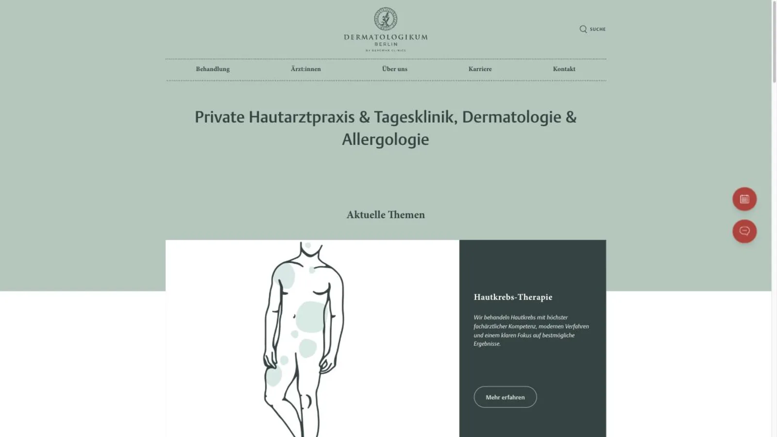 Startseite des Dermatologikum Berlin in Salbeigrün mit der Überschrift Private Hautarztpraxis und Tagesklinik