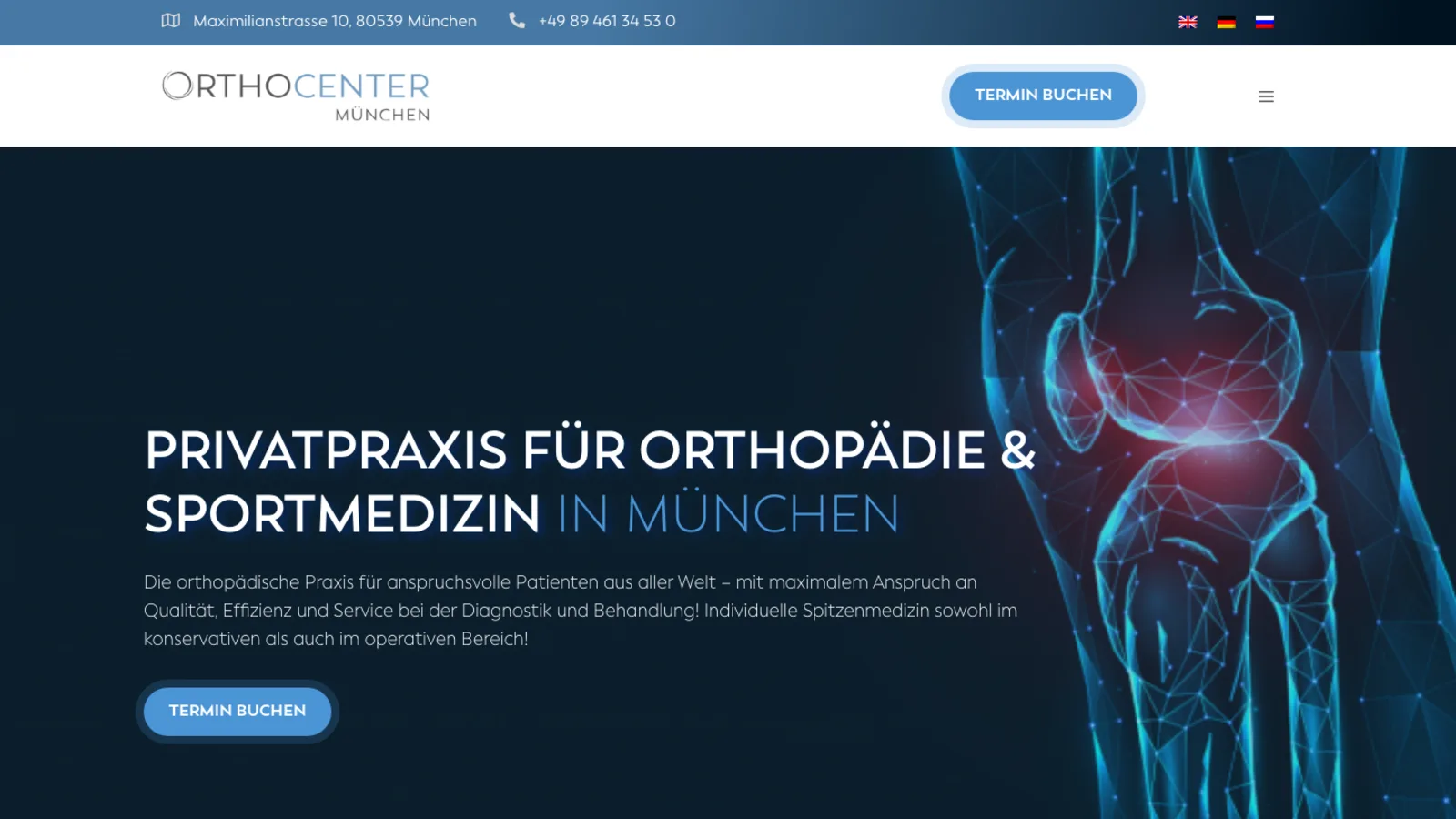 Startseite des OrthoCenter München mit 3D-Darstellung eines Kniegelenks und der Überschrift Privatpraxis für Orthopädie und Sportmedizin in München
