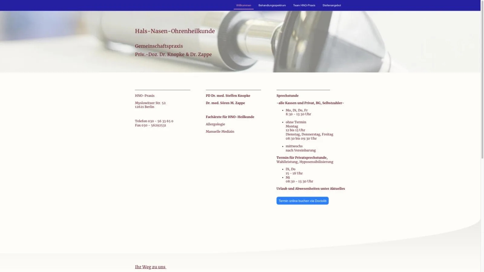 Startseite der Berliner HNO-Gemeinschaftspraxis Knopke und Zappe mit drei Textspalten für Adresse, Ärzte und Sprechzeiten sowie einem Button zur Doctolib-Terminbuchung