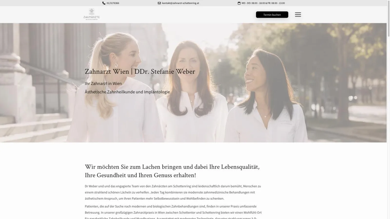 Startseite der Wiener Zahnarztpraxis am Schottenring mit der Überschrift Zahnarzt Wien und dem Namen der Zahnärztin