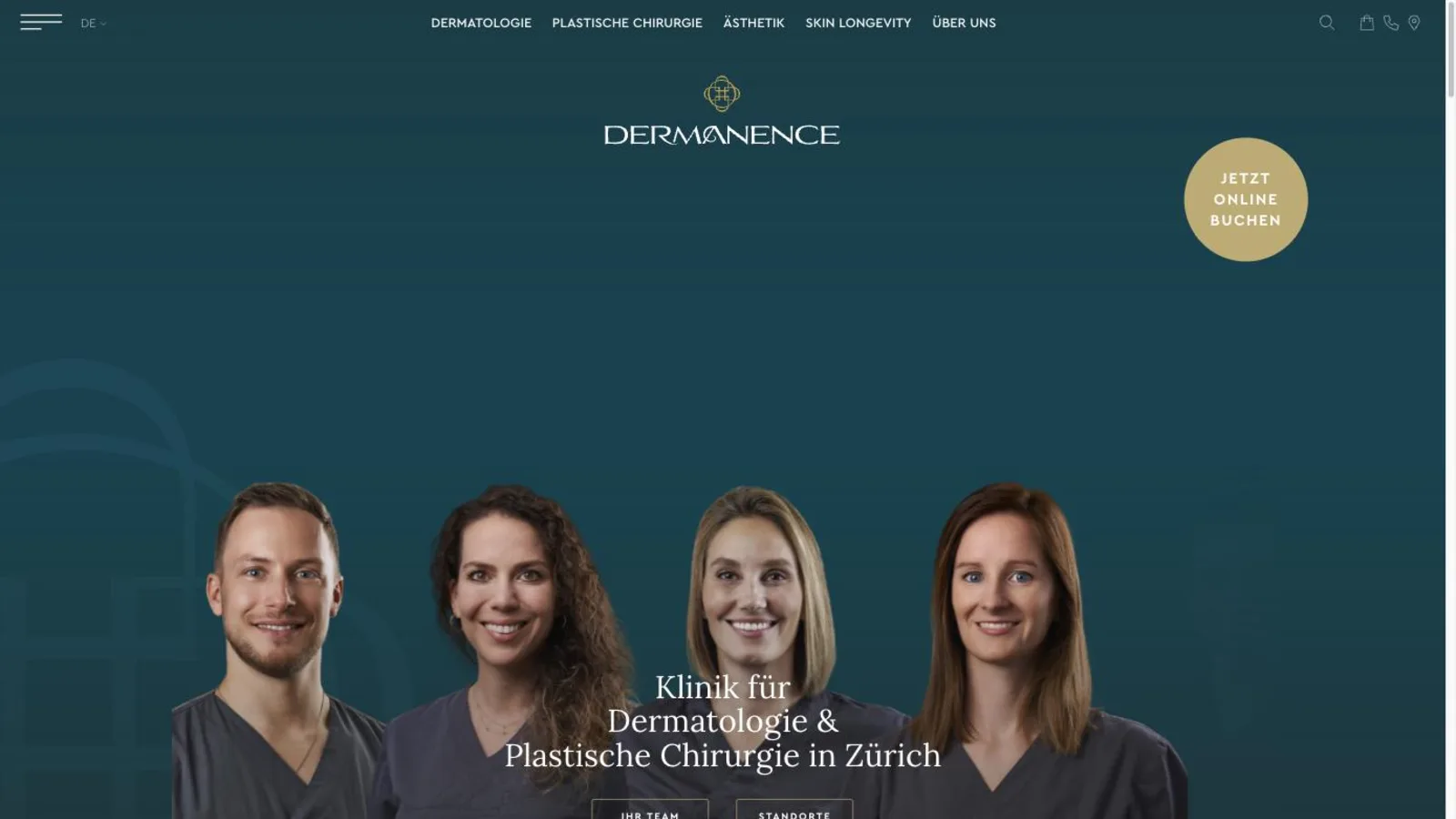 Startseite der Zürcher Praxis Dermanence in Petrol und Gold mit zentriertem Logo, Teamfoto und rundem Button zur Online-Terminbuchung