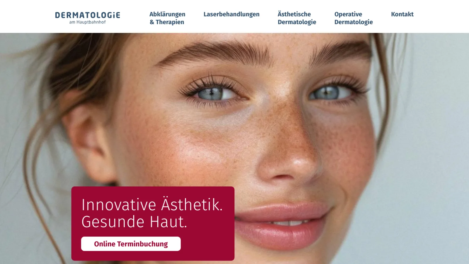 Startseite der Zürcher Dermatologiepraxis Hautzone mit Porträtfoto und dem Textblock Innovative Ästhetik, gesunde Haut