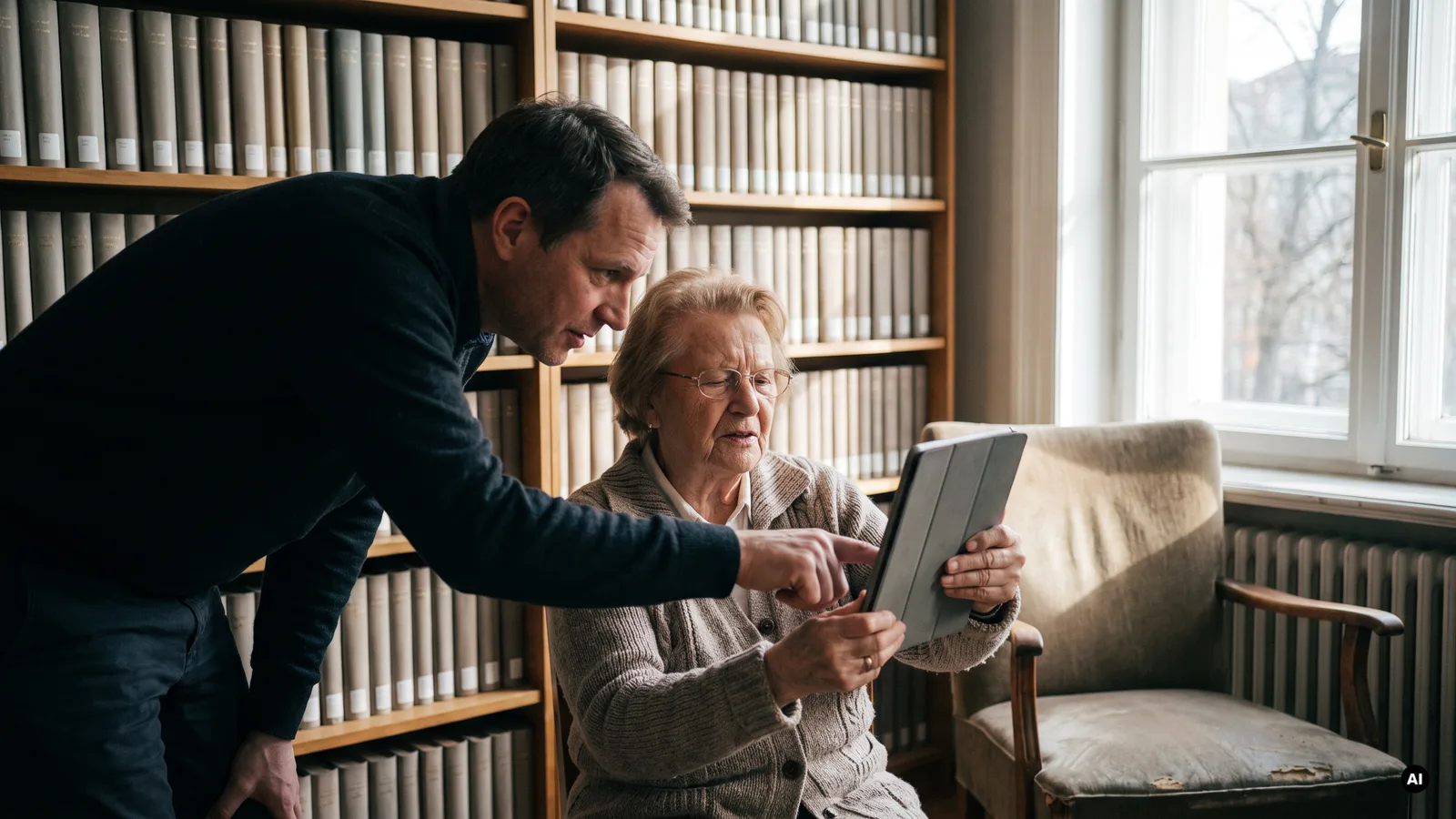 Ältere Frau mit Lesebrille bedient ein Tablet, ein jüngerer Mann hilft ihr dabei