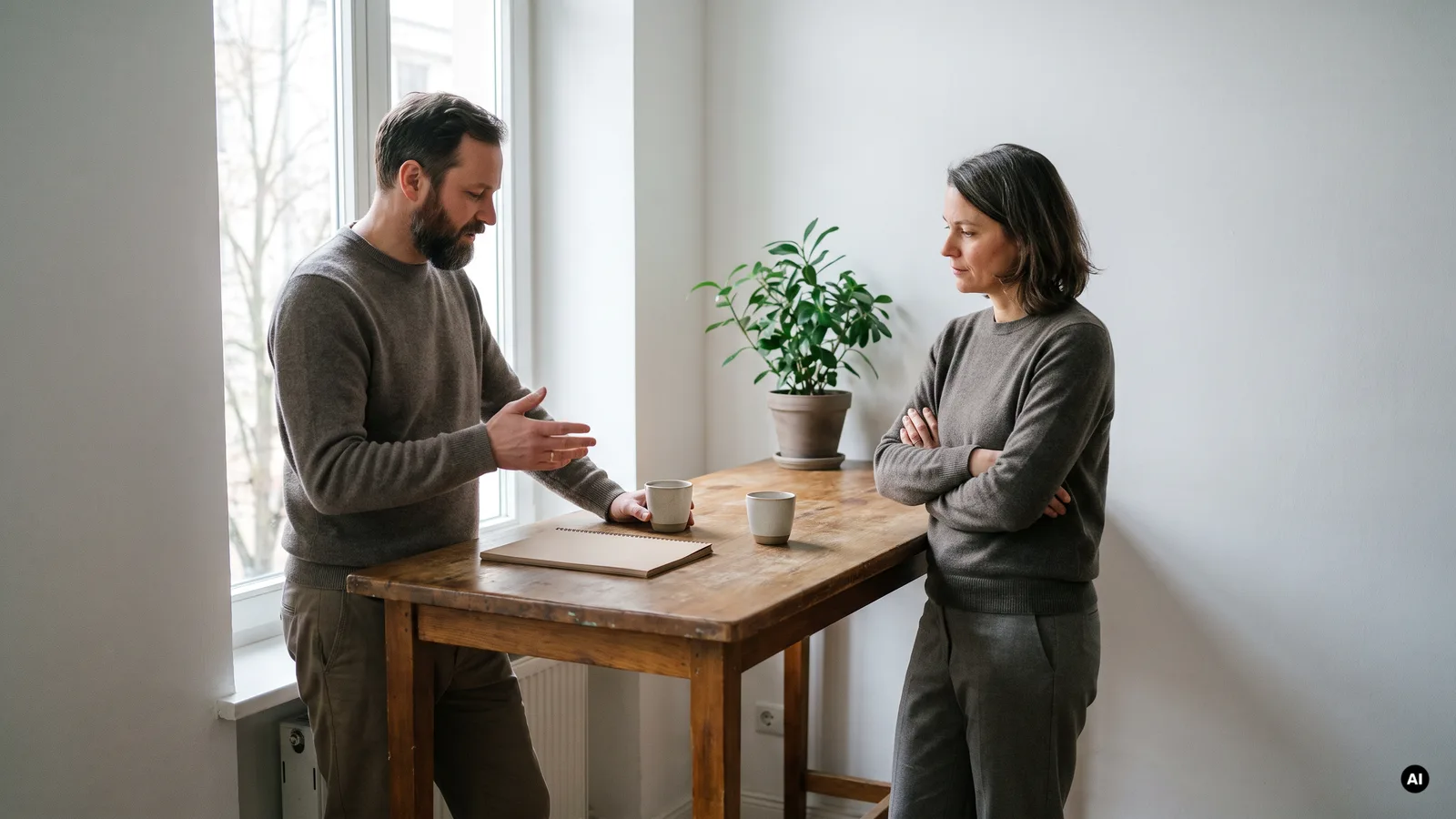 Zwei Unternehmer besprechen im Stehen, welches Content-Management-System zu ihrem Betrieb passt