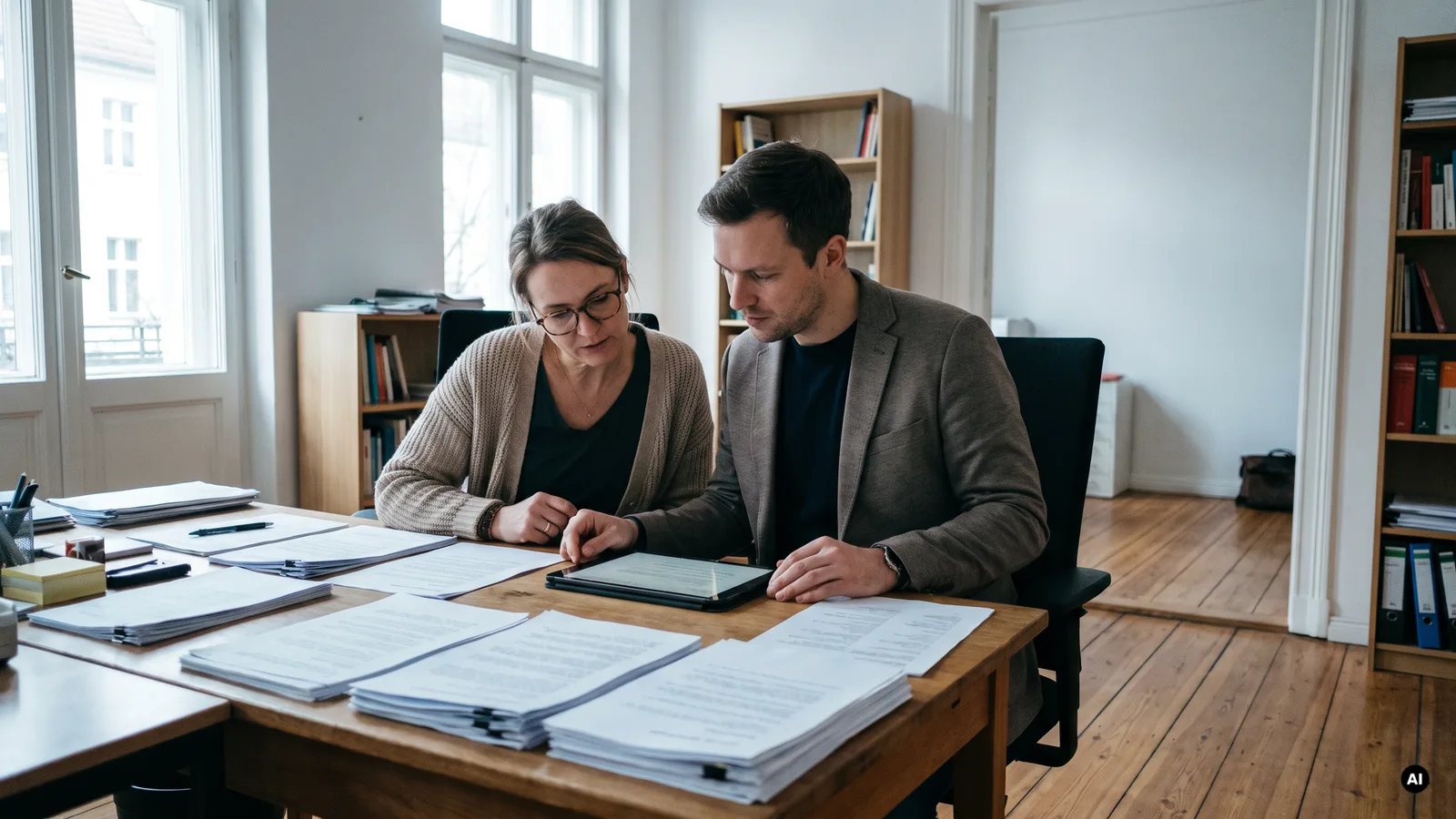 Praxisinhaberin und IT-Berater prüfen an einem Schreibtisch die Formularunterlagen und Einstellungen der Praxis-Website