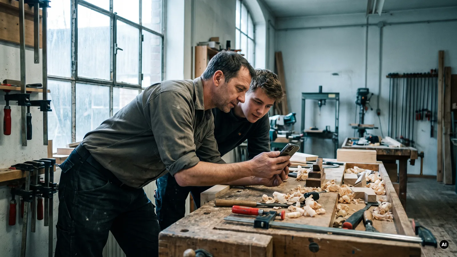 Meister und Auszubildender schauen in der Werkstatt gemeinsam auf ein Smartphone
