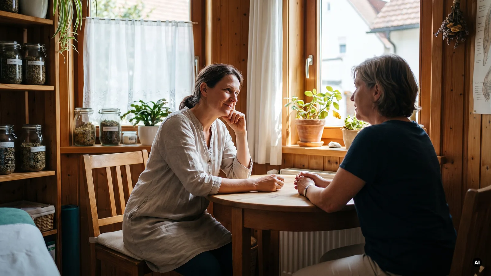Heilpraktikerin im Beratungsgespräch mit einer Patientin in einem warm eingerichteten Praxisraum