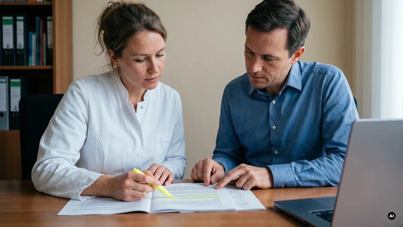 Ärztin und Praxismanager prüfen am Schreibtisch die ausgedruckten Texte ihrer Praxis-Website und markieren einzelne Formulierungen