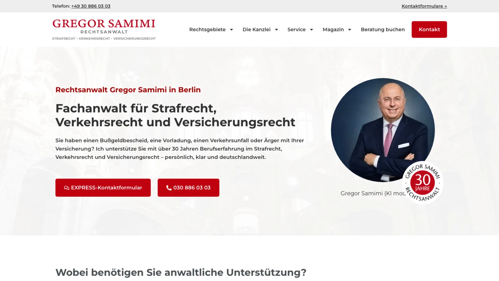 Startseite von Rechtsanwalt Gregor Samimi mit Frage an Ratsuchende, Rundporträt und roten Kontakt-Buttons