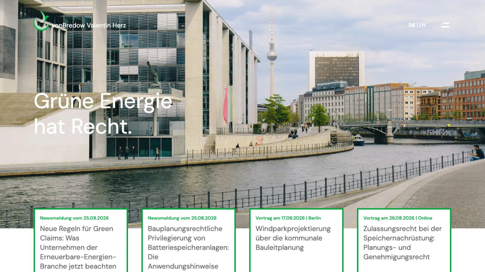Startseite der Berliner Energierechtskanzlei von Bredow Valentin Herz mit dem Claim Grüne Energie hat Recht