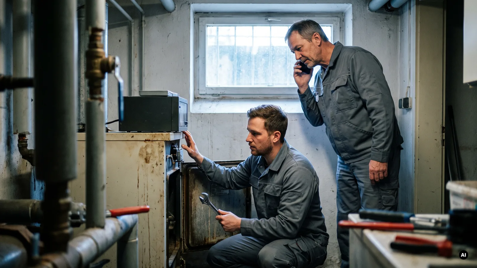 SHK-Monteur telefoniert im Heizungskeller, sein Kollege arbeitet am Kessel