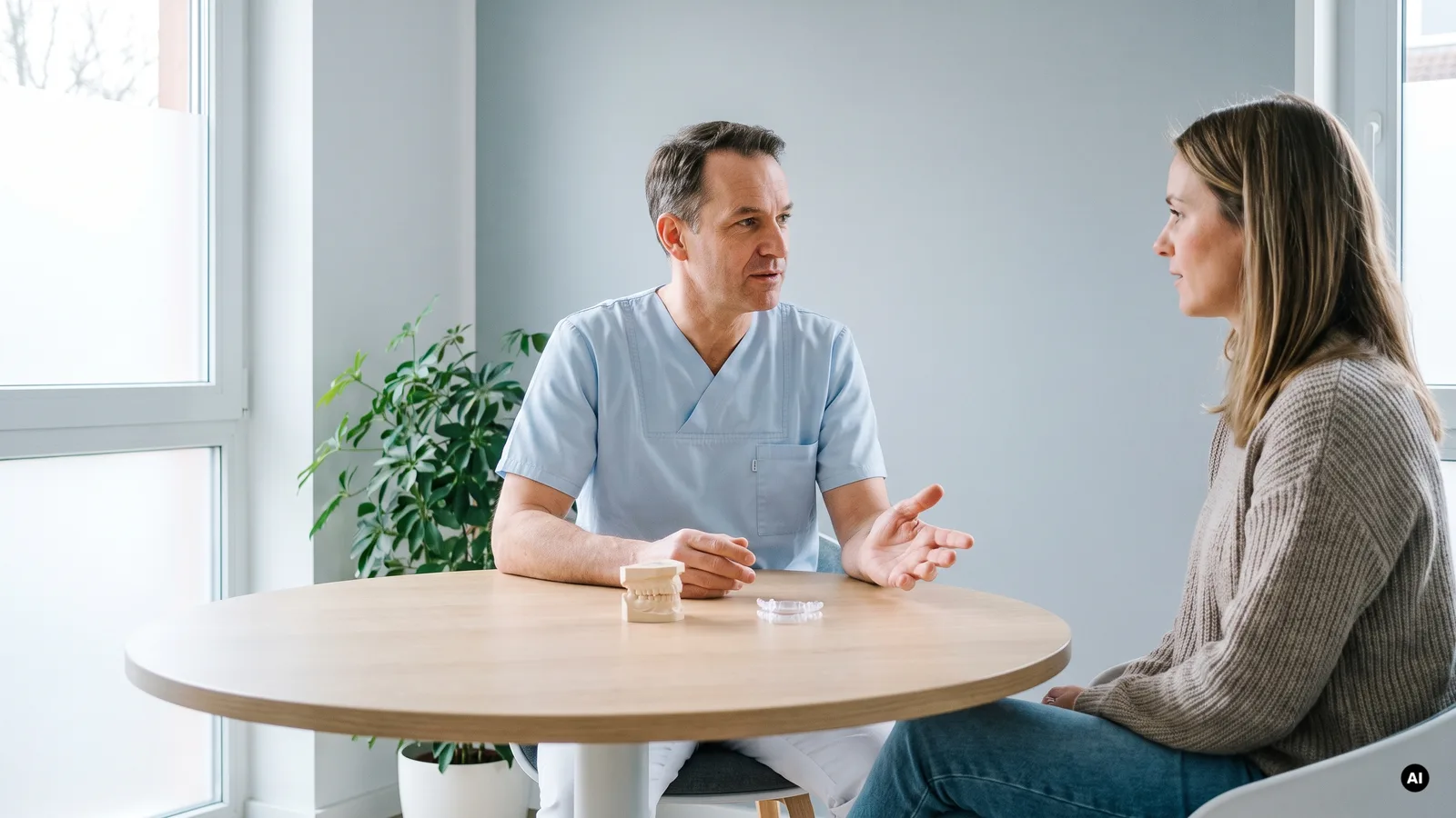 Kieferorthopäde im Beratungsgespräch mit einer Patientin, Zahnmodell und transparente Aligner-Schiene auf dem Tisch