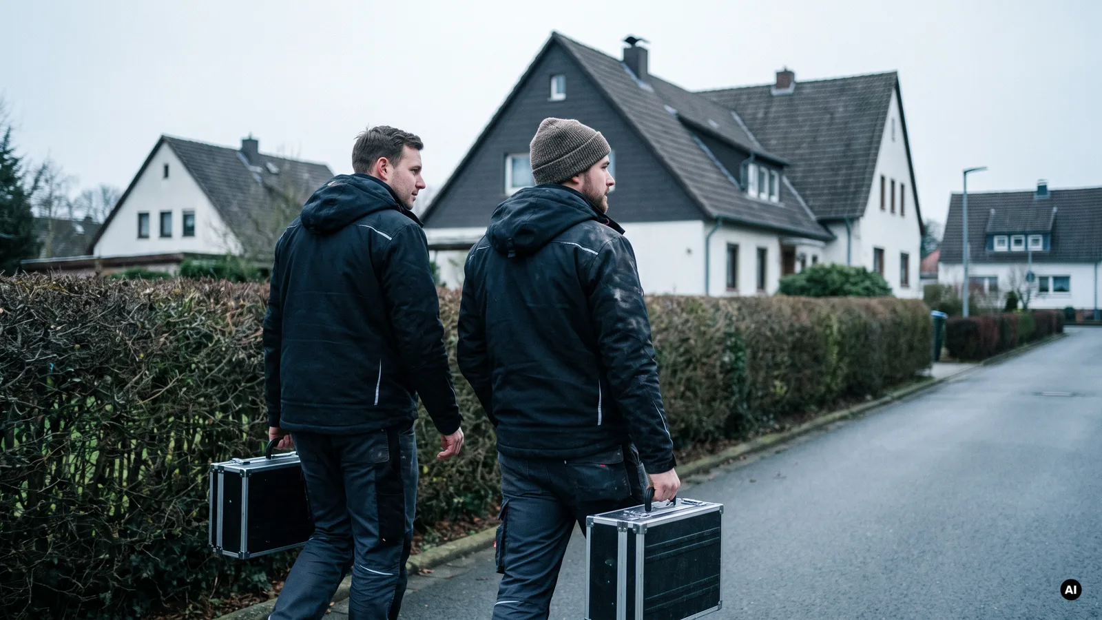 Zwei Elektriker gehen mit Werkzeugkoffern durch eine Wohnstraße zum Einsatzort