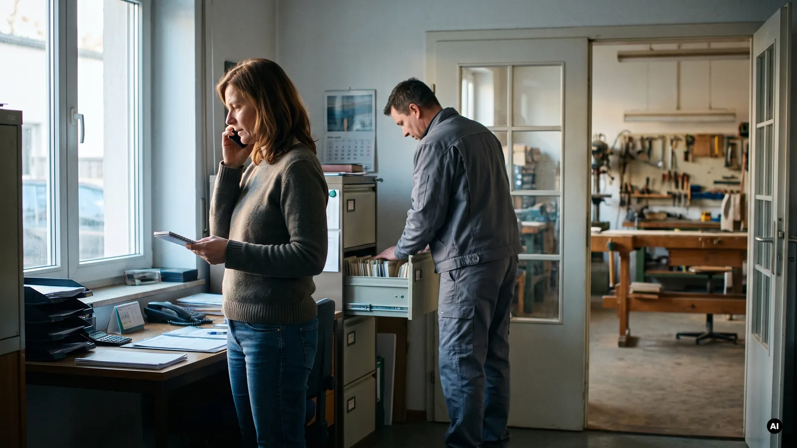 Mitarbeiterin eines Handwerksbetriebs telefoniert im Büro, im Hintergrund die Werkstatt