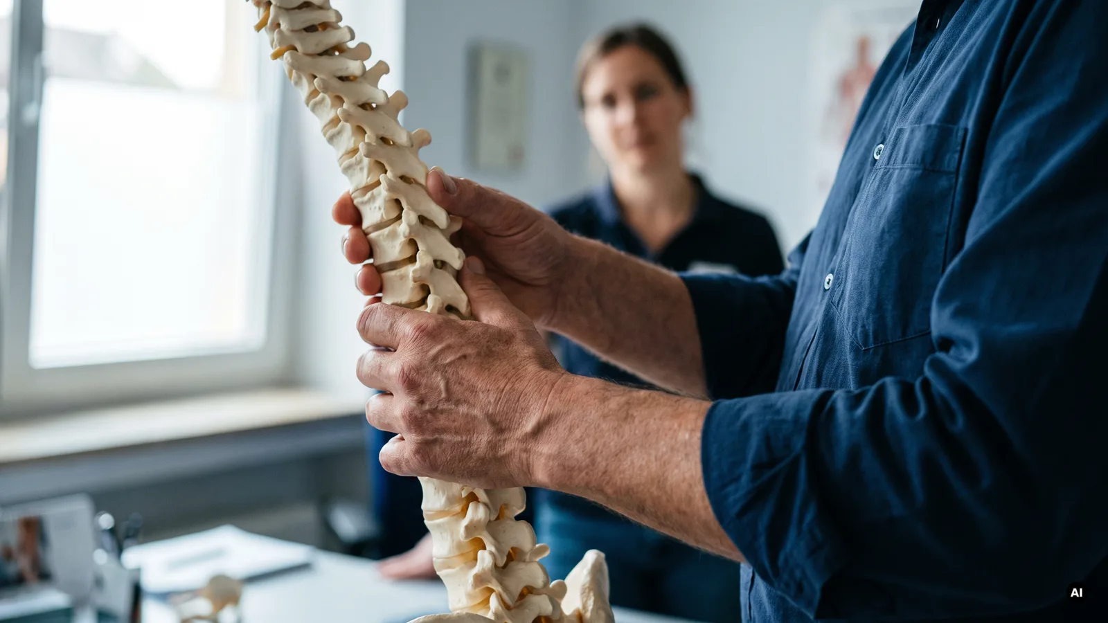 Orthopäde hält ein Wirbelsäulenmodell in den Händen, eine Kollegin hört im Hintergrund zu