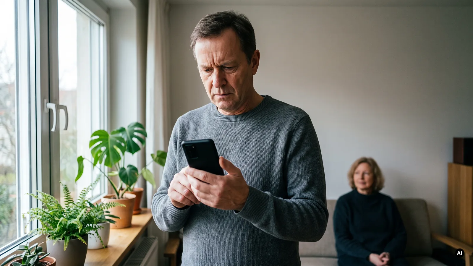 Mann Ende fünfzig steht am Wohnzimmerfenster und liest konzentriert etwas auf seinem Smartphone