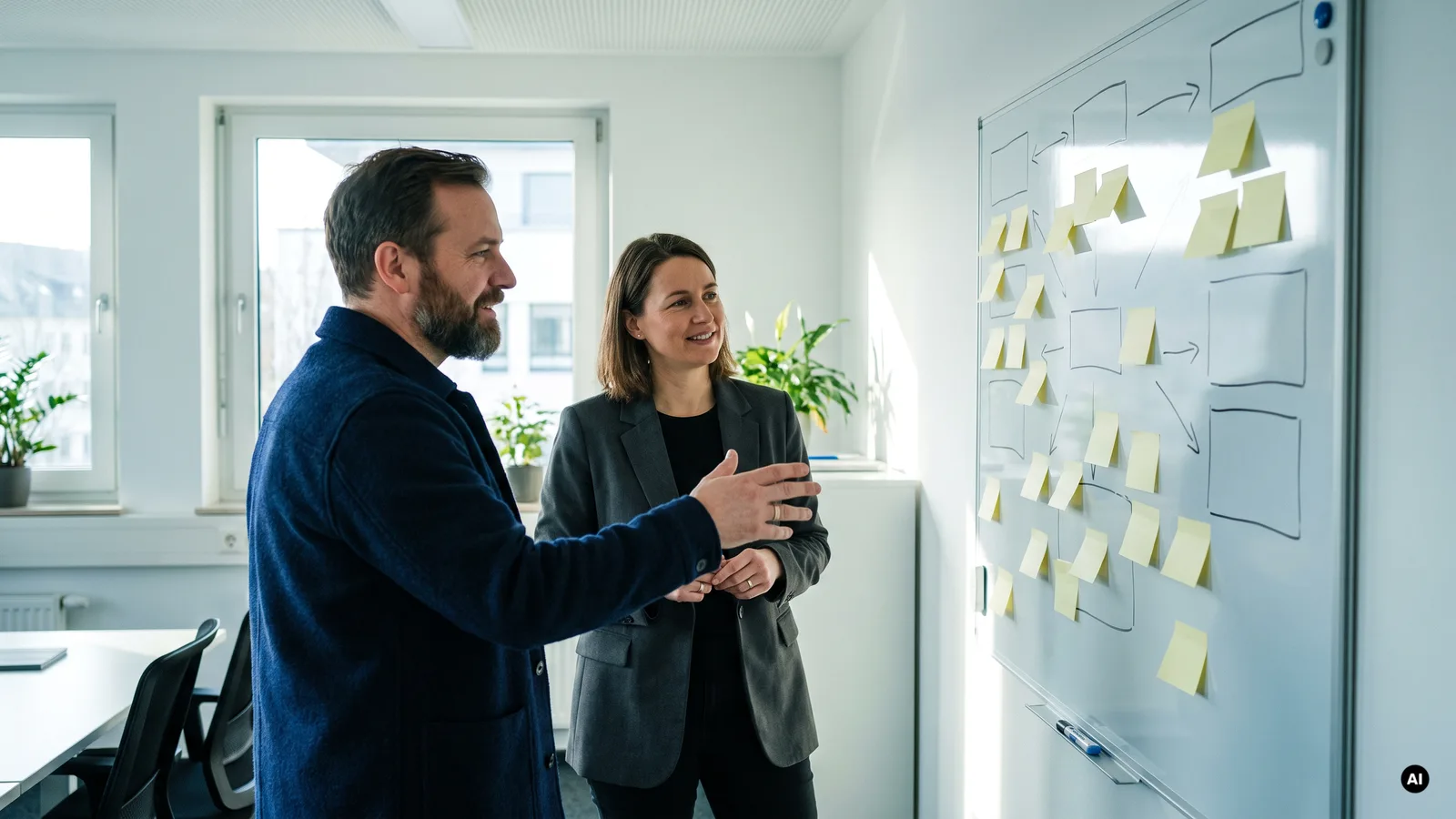 Zwei Kollegen besprechen die Positionierung der Praxis an einem Whiteboard