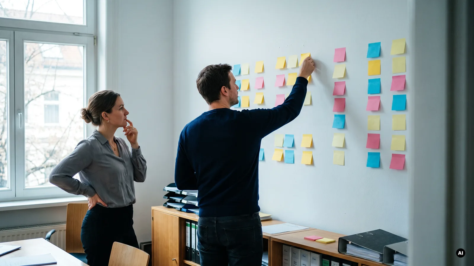 Zwei Kollegen planen den Website-Relaunch an einer Wand voller Haftnotizen