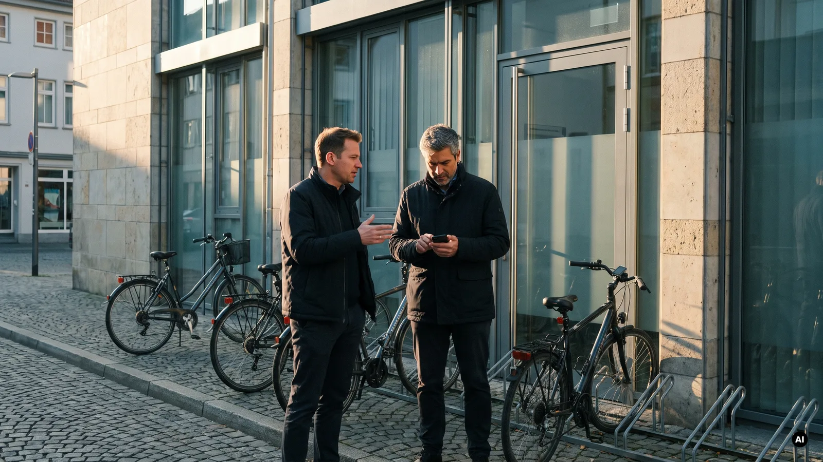 Zwei Ärzte im Gespräch vor dem Eingang einer Praxis in einer deutschen Innenstadt