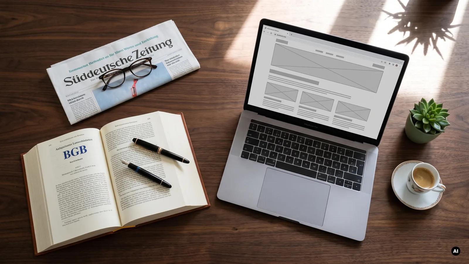 Kanzlei-Schreibtisch mit aufgeschlagenem BGB, Süddeutscher Zeitung und einem Laptop mit Website-Entwurf