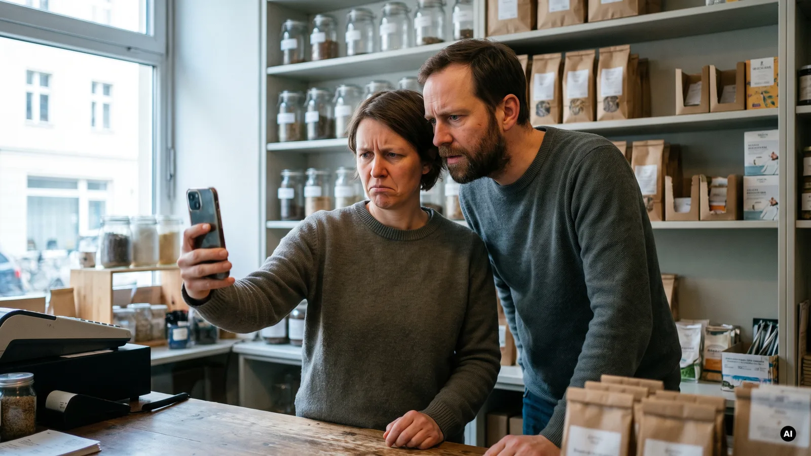 Zwei Ladeninhaber schauen unzufrieden auf das Smartphone hinter ihrer Theke
