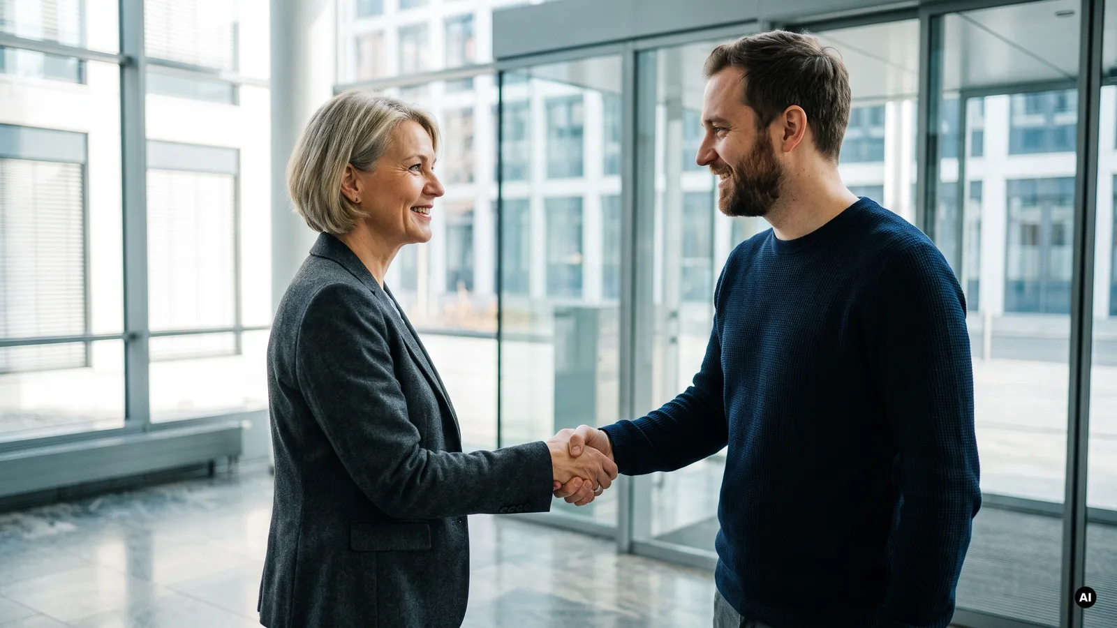 Unternehmerin und Webdesigner begrüßen sich zum Erstgespräch per Handschlag