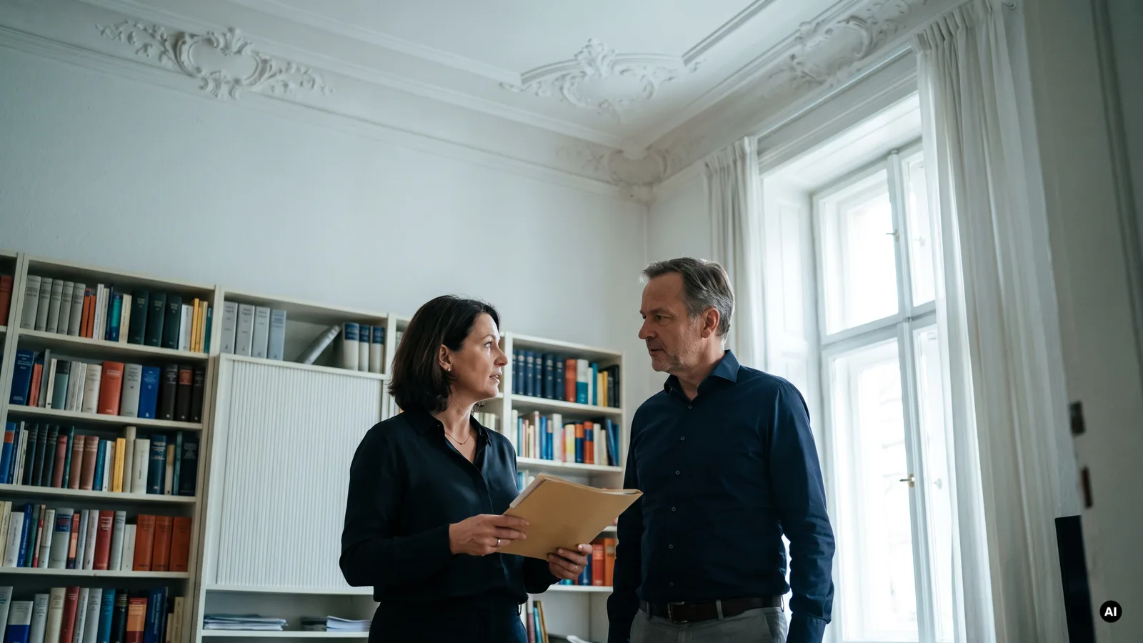 Zwei Anwälte im Gespräch vor der Handbibliothek einer Altbau-Kanzlei, die Anwältin hält eine Akte in der Hand