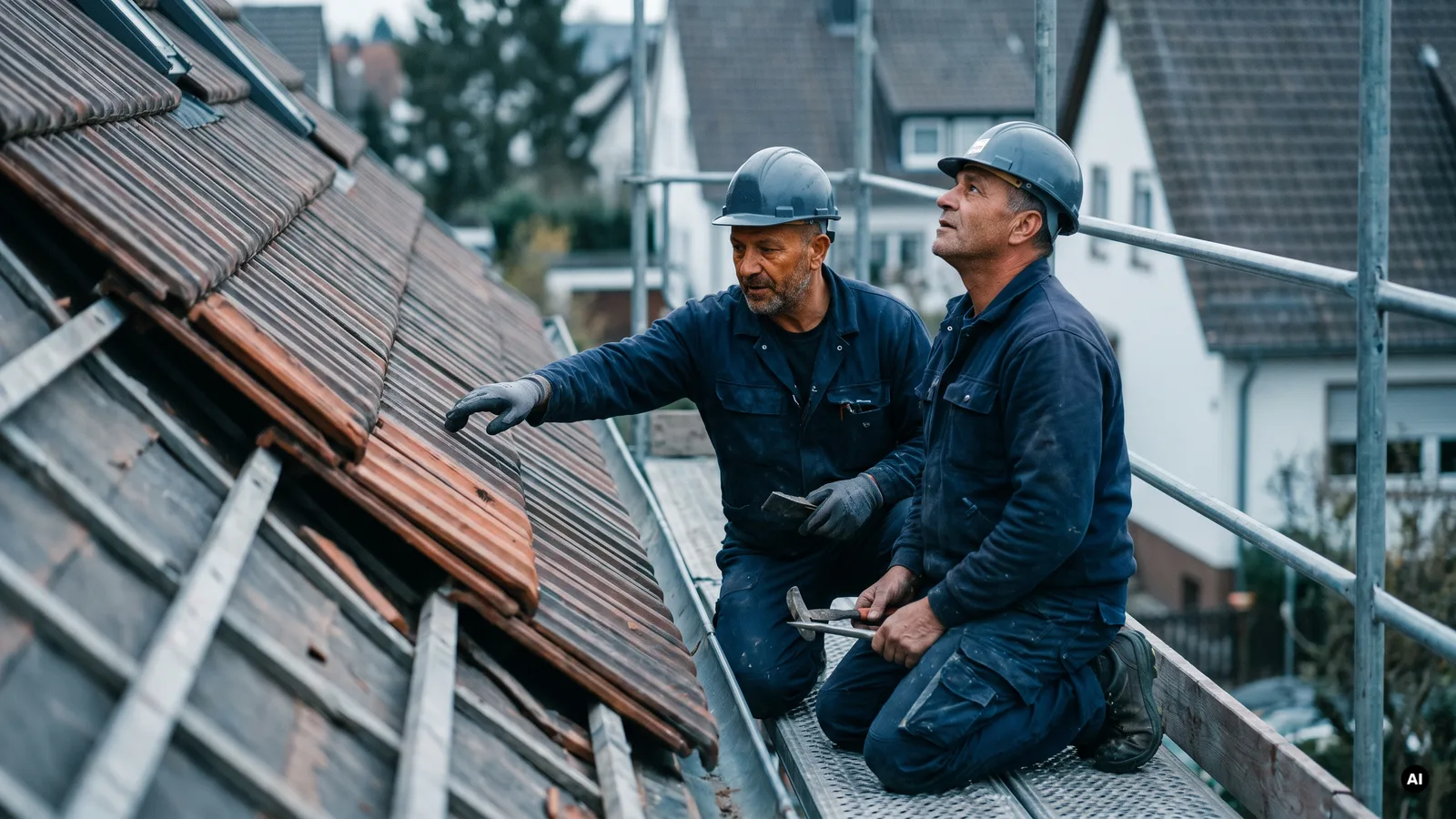 Zwei Dachdecker stimmen sich auf dem Gerüst über die Dachfläche ab