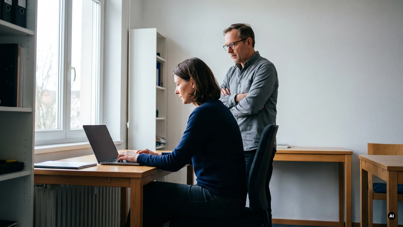 Ärztin arbeitet am Laptop im Praxisbüro, ein Kollege steht daneben und schaut zu