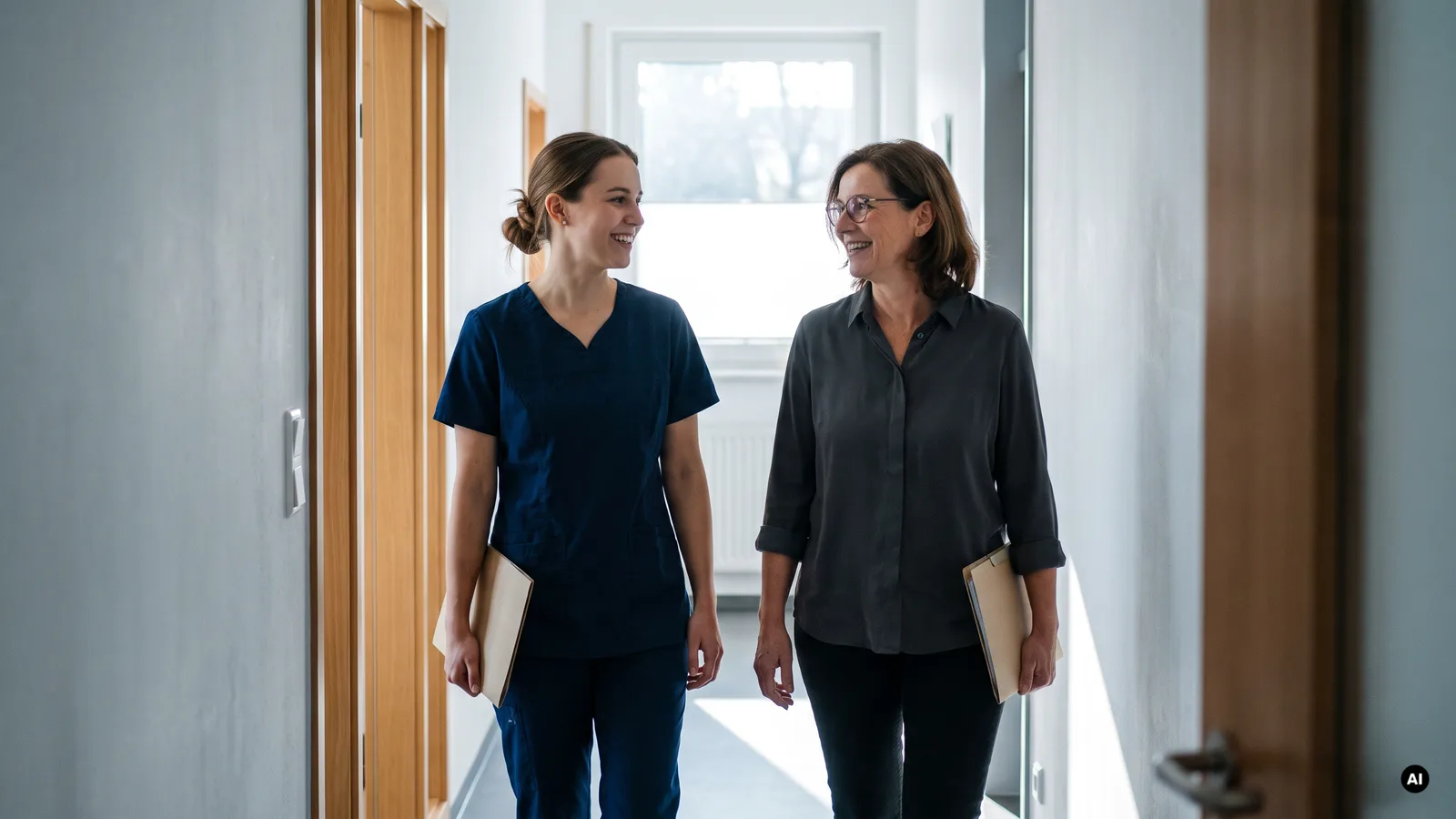 Zahnärztin und Praxismanagerin gehen im Gespräch durch den hellen Flur einer Zahnarztpraxis